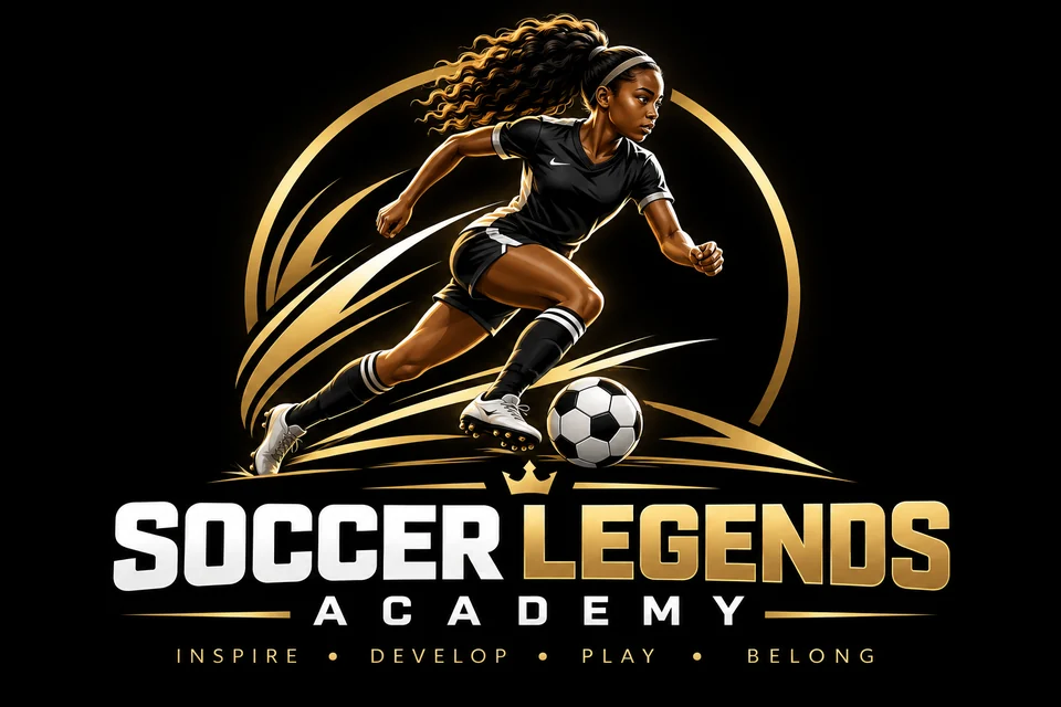 Soccer Legends Academy logo: Inspire, Develop, Play, Belong